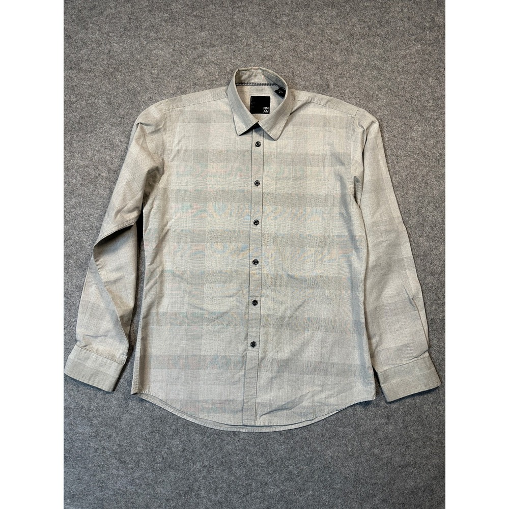 Nicole Miller NM AN Mens‎ Grey White Plaid Long Sleeve Button Up Shirt Small